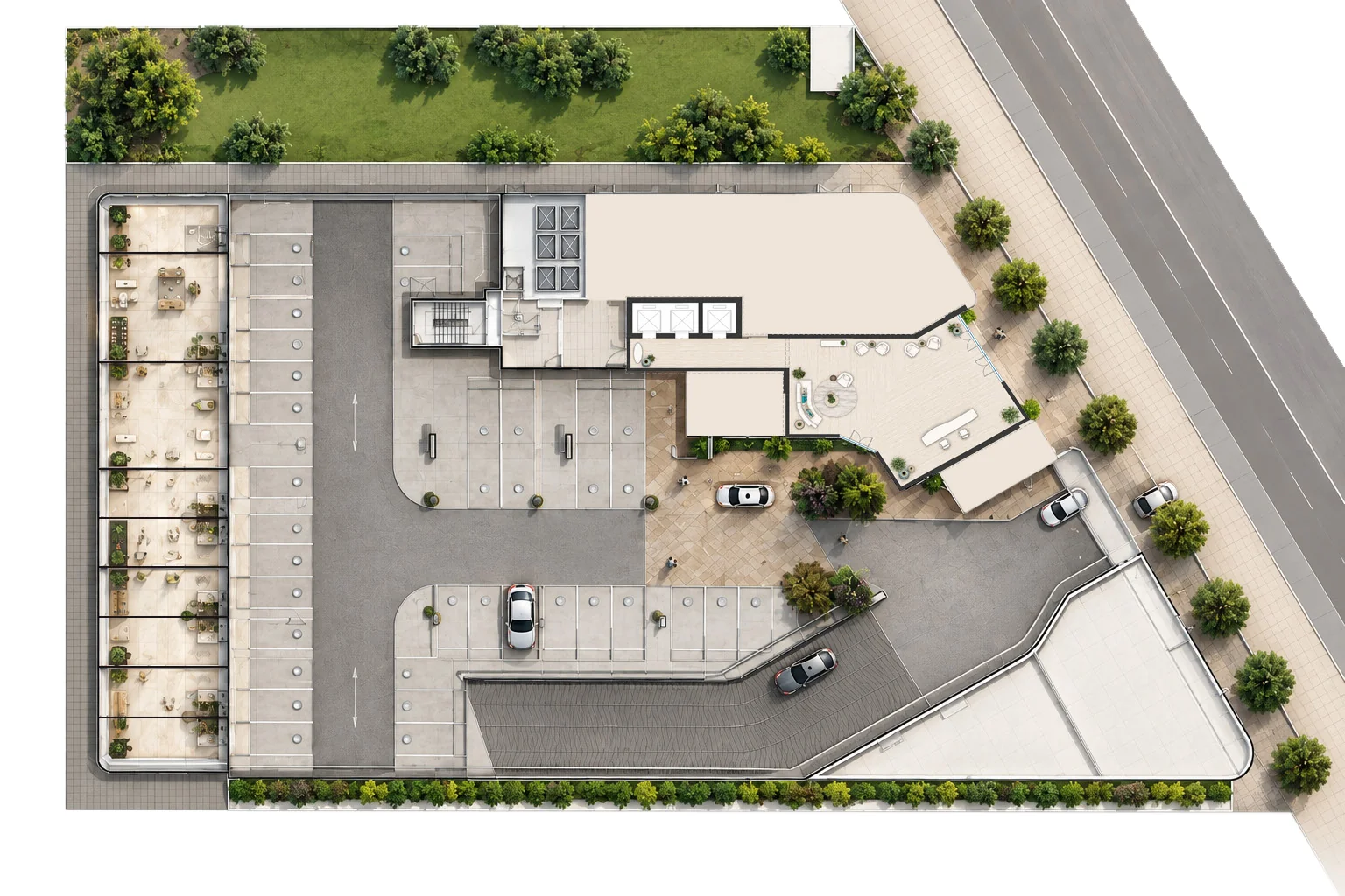 Ground floor plan of The Bay Interiors by Missoni on Dubai Islands, showing the arrival driveway, parking, and entrance