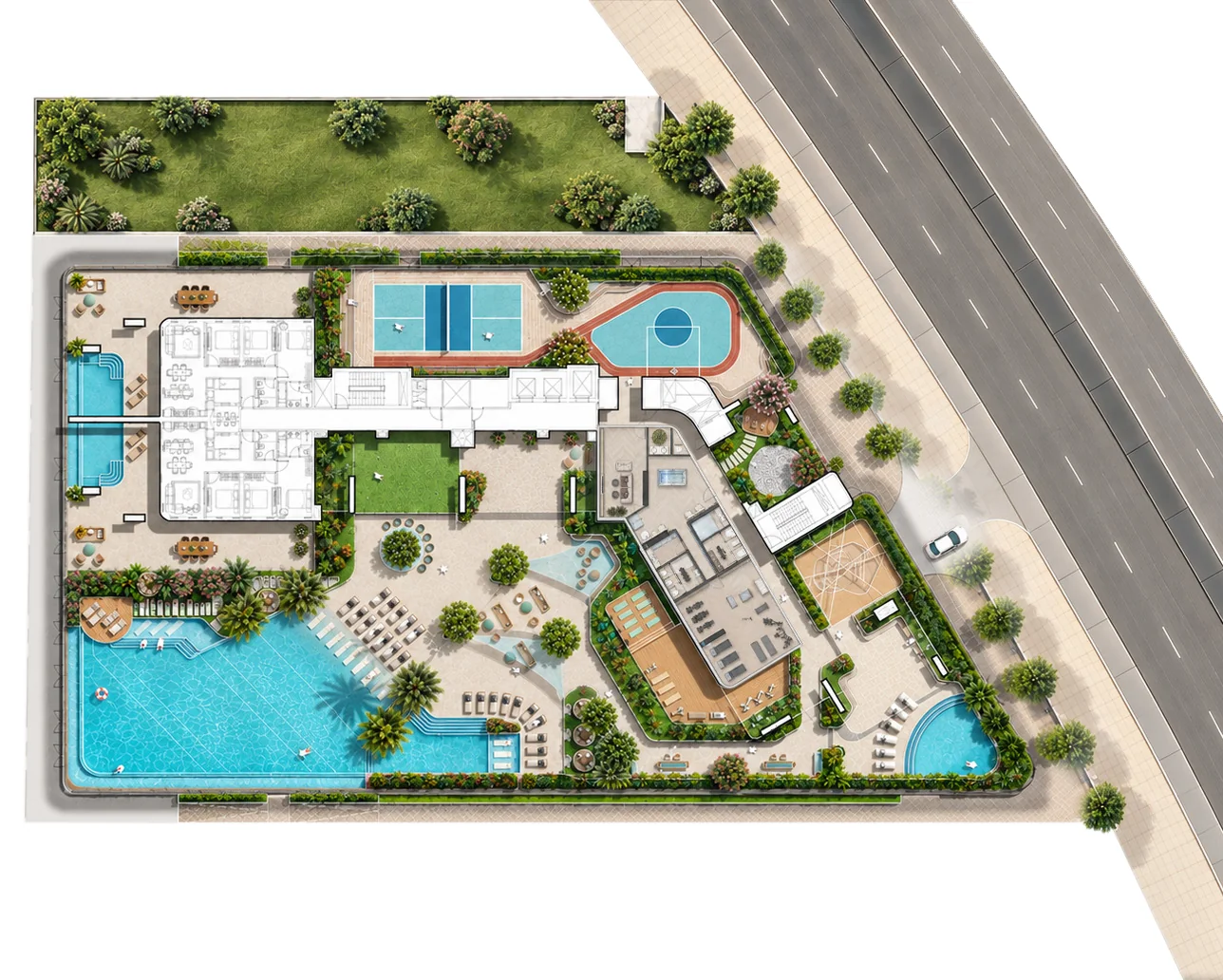 Seaside Deck floor plan, first floor, of The Bay Interiors by Missoni on Dubai Islands, with the beach pool, sports courts, and landscaped deck