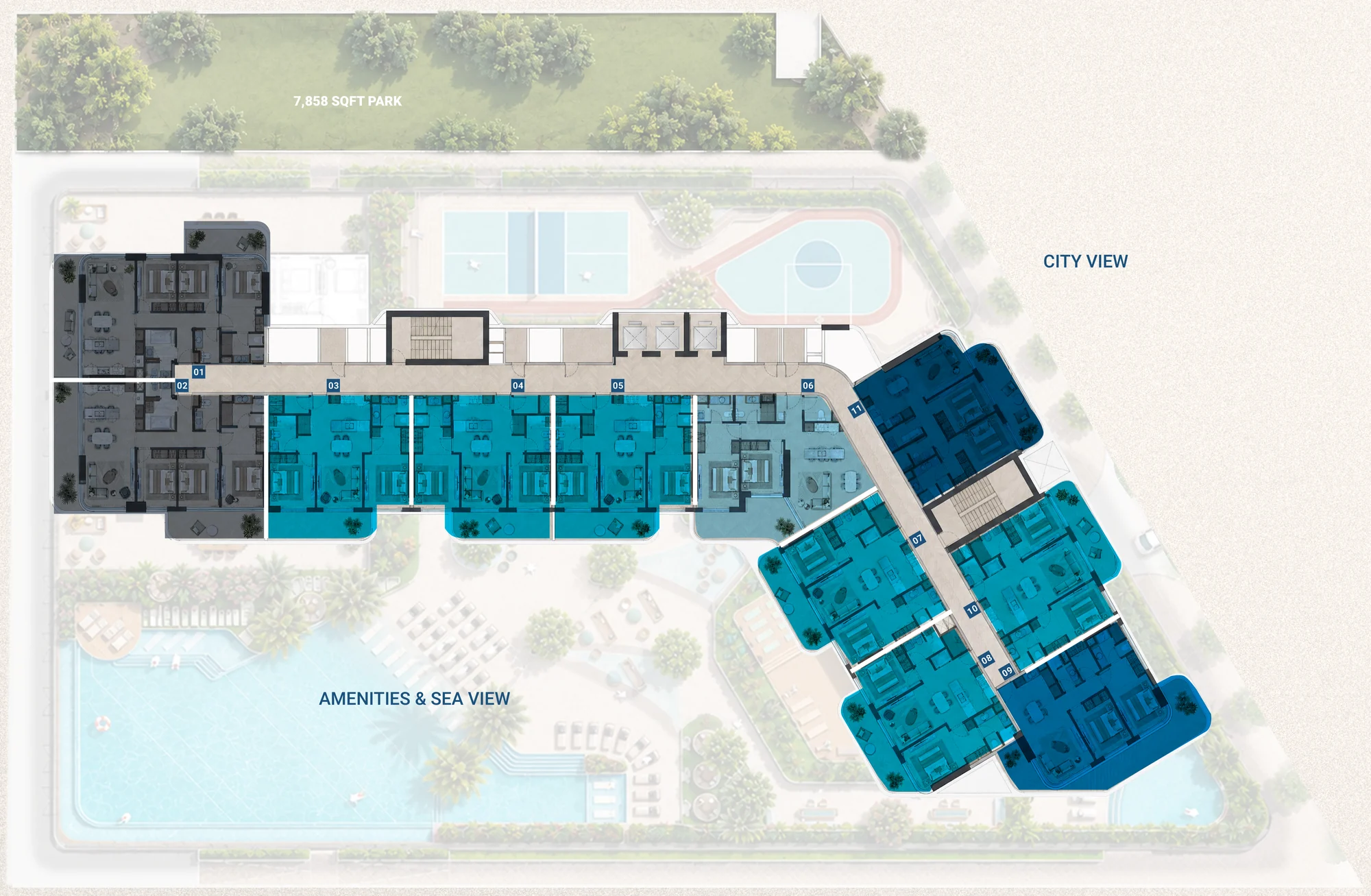 Typical floor plan, 5th to 13th floor, of The Bay Interiors by Missoni on Dubai Islands, colour-coded by unit type, with city view and sea view labelled