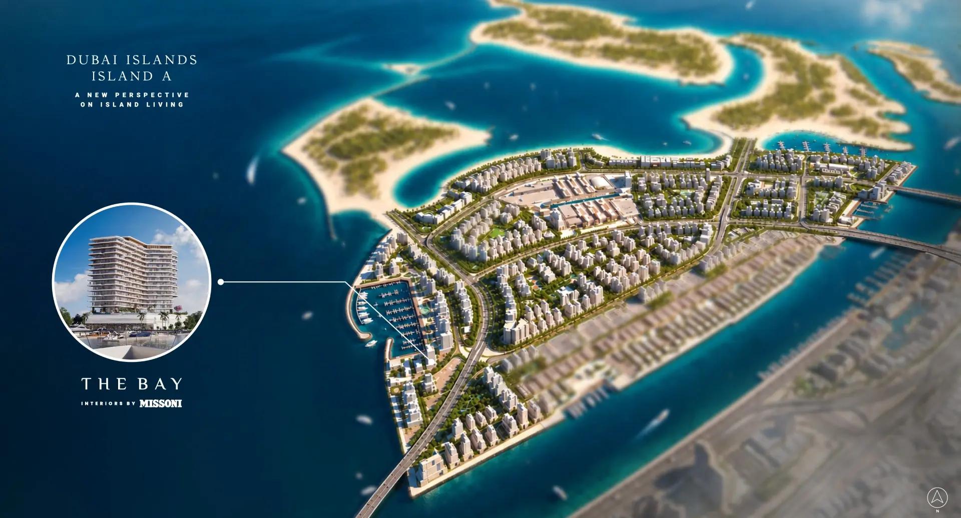 Aerial of Dubai Islands, Island A, with a callout of The Bay Interiors by Missoni beside the yacht marina