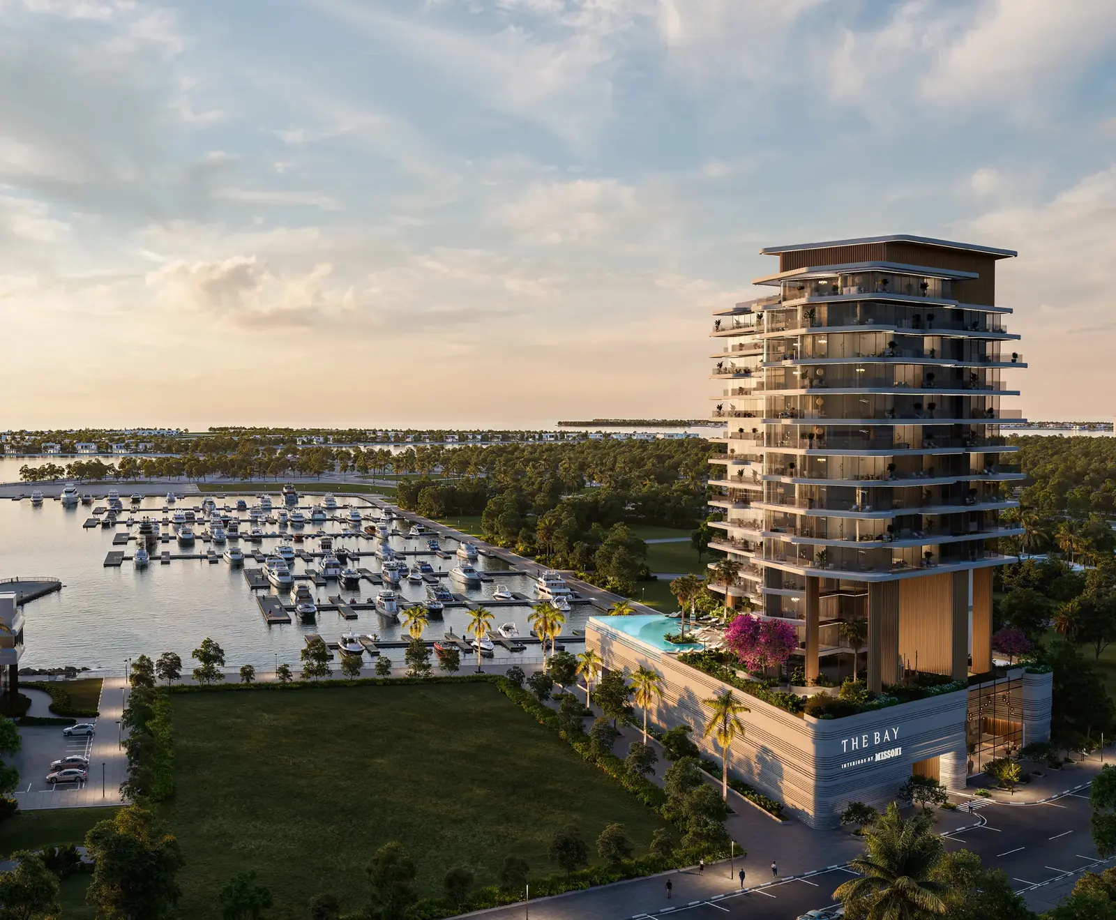 The Bay Interiors by Missoni tower on Dubai Islands, Island A, beside the yacht marina, with a podium pool and the project name on the base