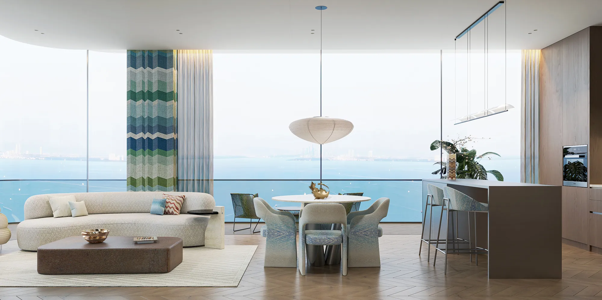 Living room, dining table, and kitchen with a sea view at The Bay Interiors by Missoni on Dubai Islands, with a chevron curtain