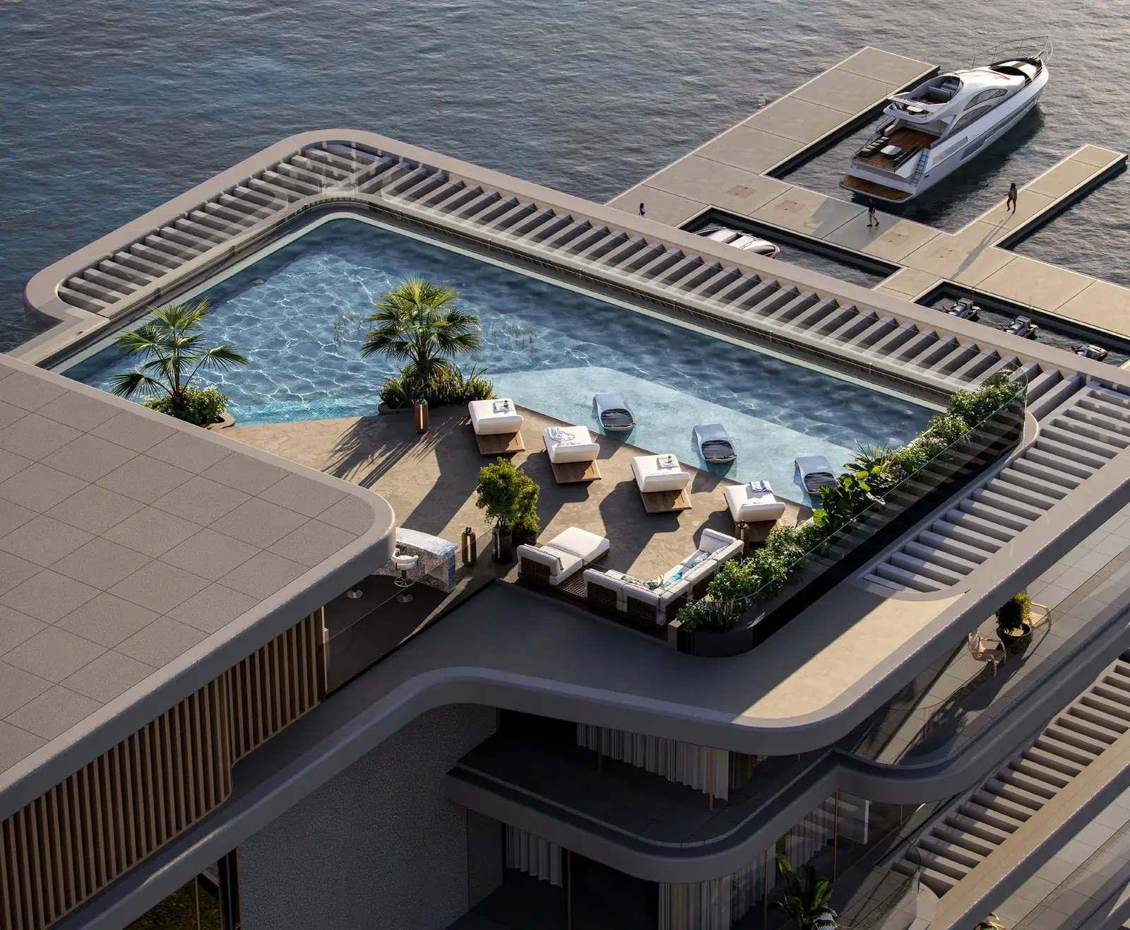 Rooftop sky pool on the Sky Deck of The Bay Interiors by Missoni on Dubai Islands, with loungers above the marina